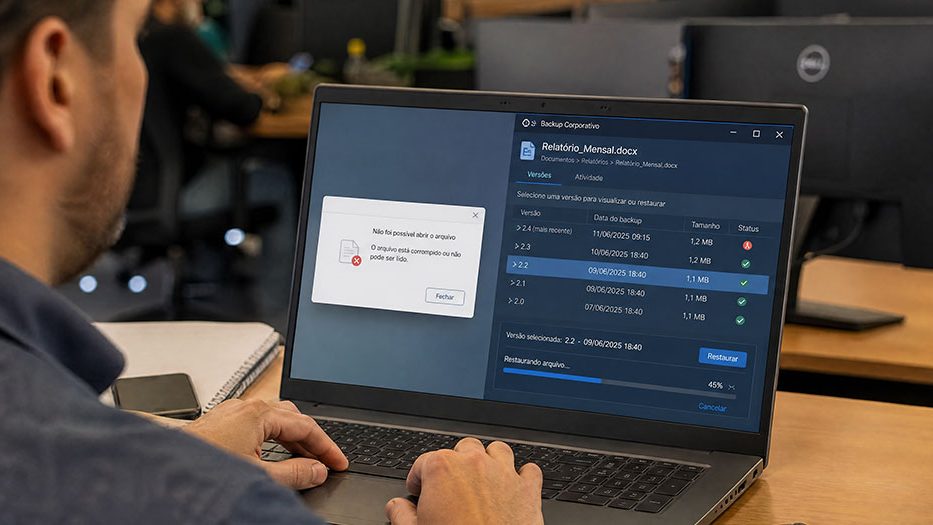 Profissional acompanhando uma rotina de backup em nuvem no notebook