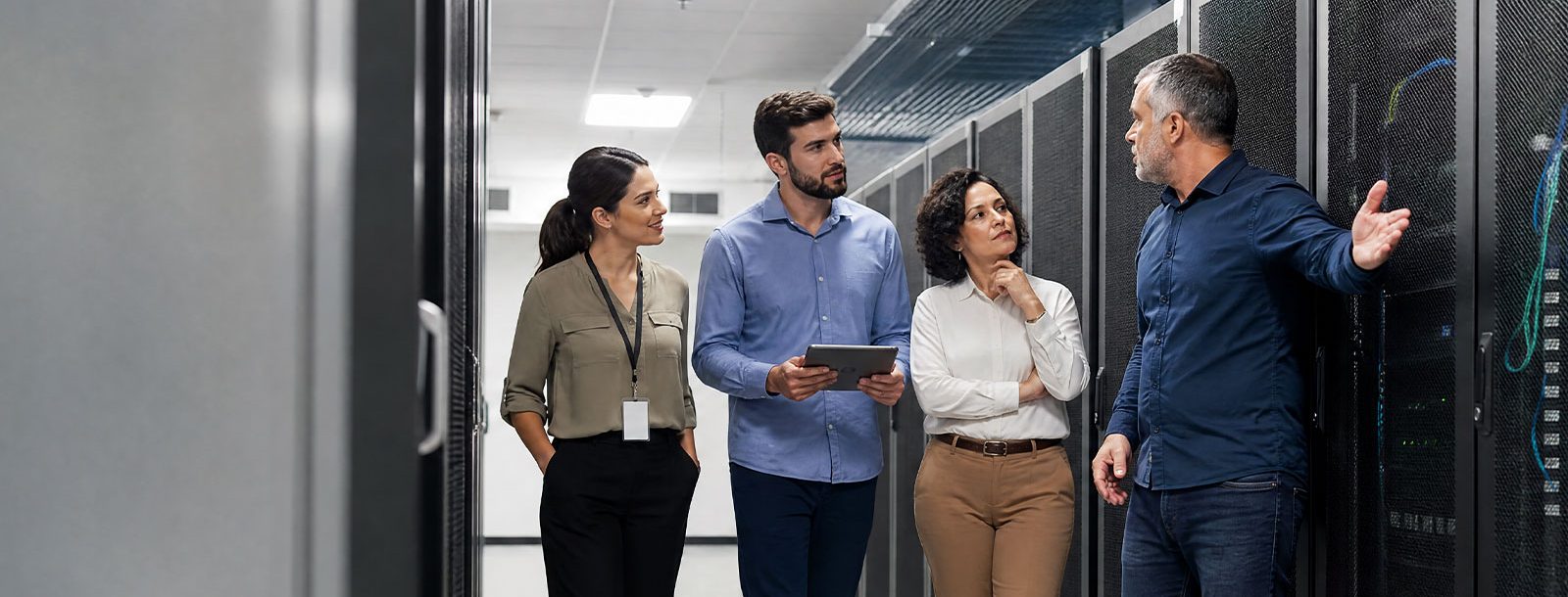 Equipe de tecnologia conversando no corredor de um data center