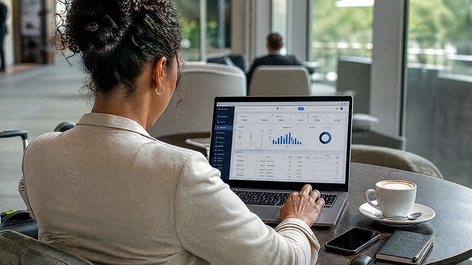 Profissional acessando os sistemas da empresa pelo notebook, fora do escritório