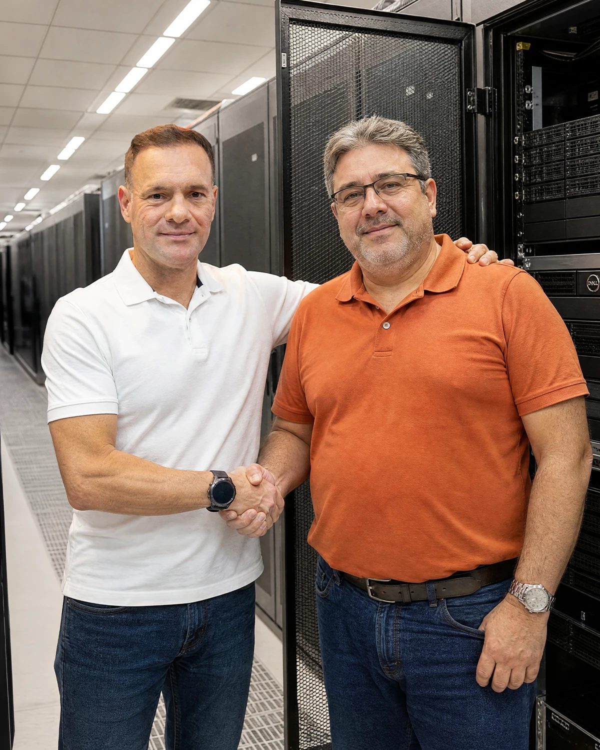 Dois profissionais sorrindo e apertando as mãos no corredor de racks de servidores de um data center