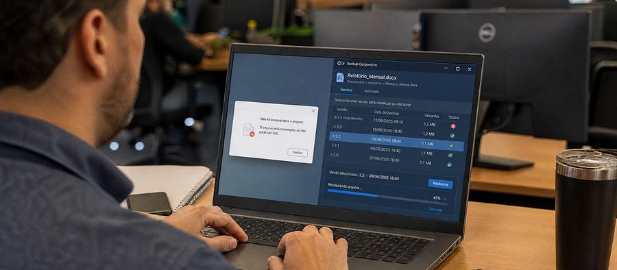 Profissional acompanhando uma rotina de backup em nuvem no notebook