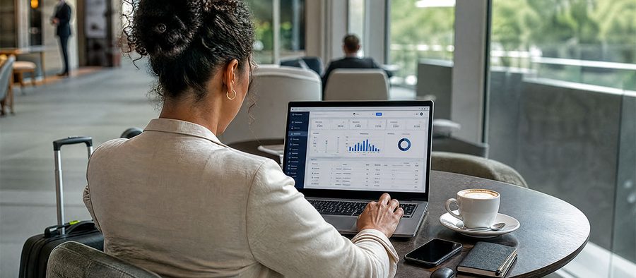 Profissional usando um sistema da empresa no notebook, de fora do escritório