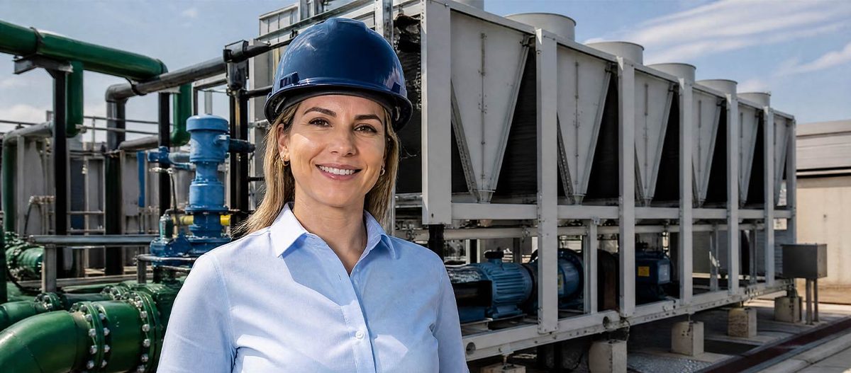 Engenheira sorrindo em frente aos sistemas de refrigeração de um data center