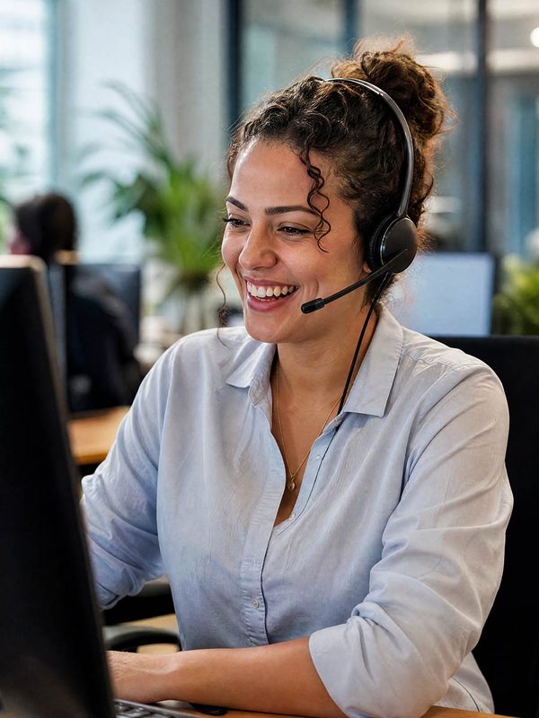 Atendente de suporte sorrindo com headset em frente ao computador
