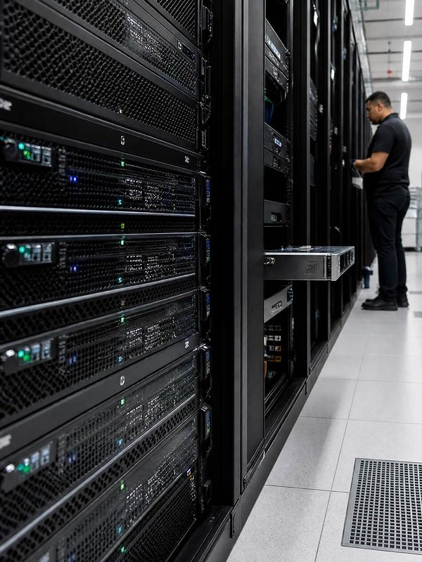 Corredor de racks de servidores em um data center, com um técnico ao fundo