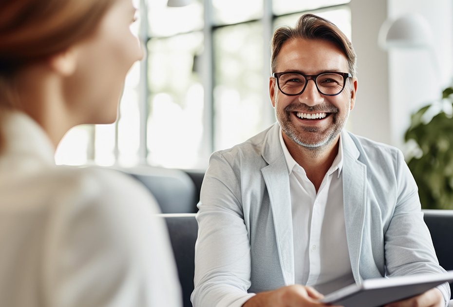 Profissional sorrindo durante uma conversa com uma cliente