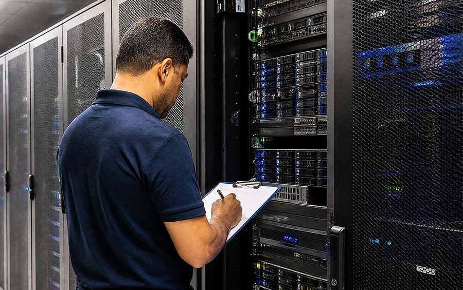 Engenheiro verificando servidores em um rack com uma prancheta