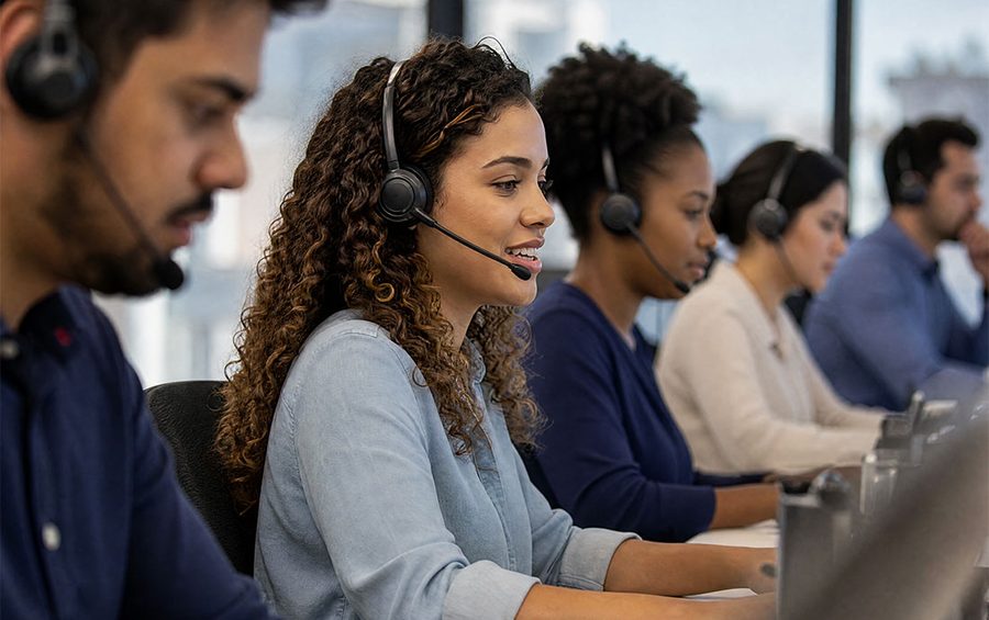Equipe de suporte com headsets atendendo clientes
