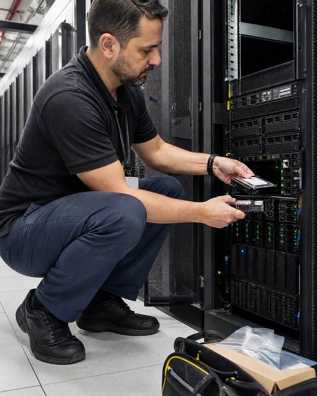 Engenheiro da Zoomi instalando um servidor em um rack