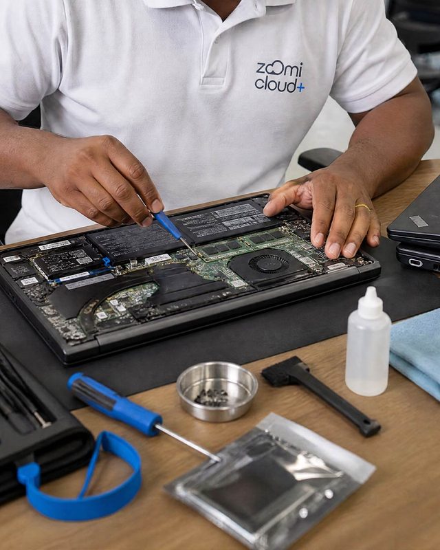 Técnico da Zoomi fazendo manutenção em um notebook