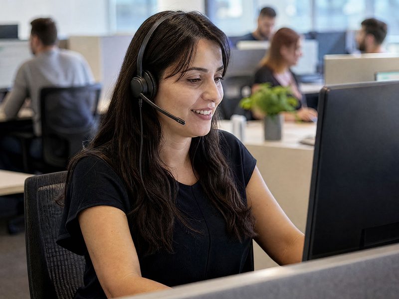 Atendente de suporte com headset sorrindo em frente ao computador