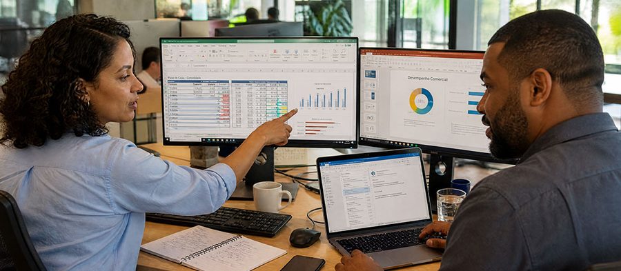 Dois colegas analisando planilhas e relatórios no computador