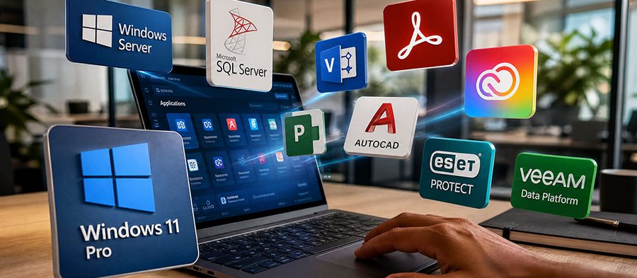 Notebook cercado por ícones de softwares corporativos, como Windows, SQL Server e AutoCAD