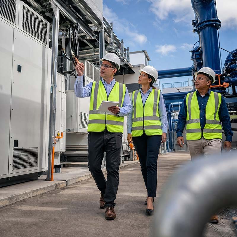 Equipe com coletes e capacetes inspecionando a área de energia e refrigeração de um data center
