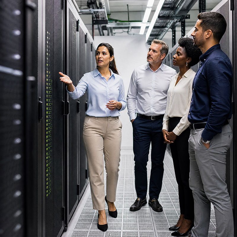 Equipe conversando no corredor de racks de servidores de um data center