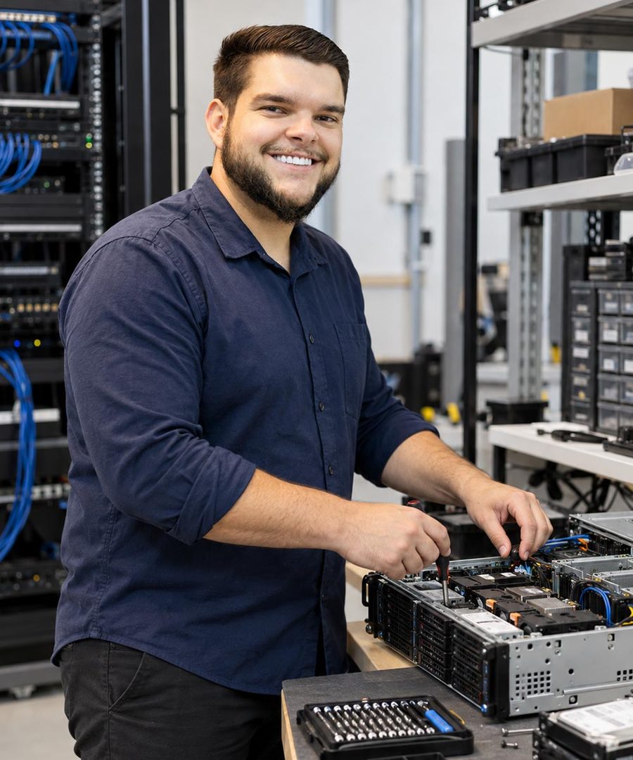 Engenheiro sorrindo enquanto faz manutenção em um servidor