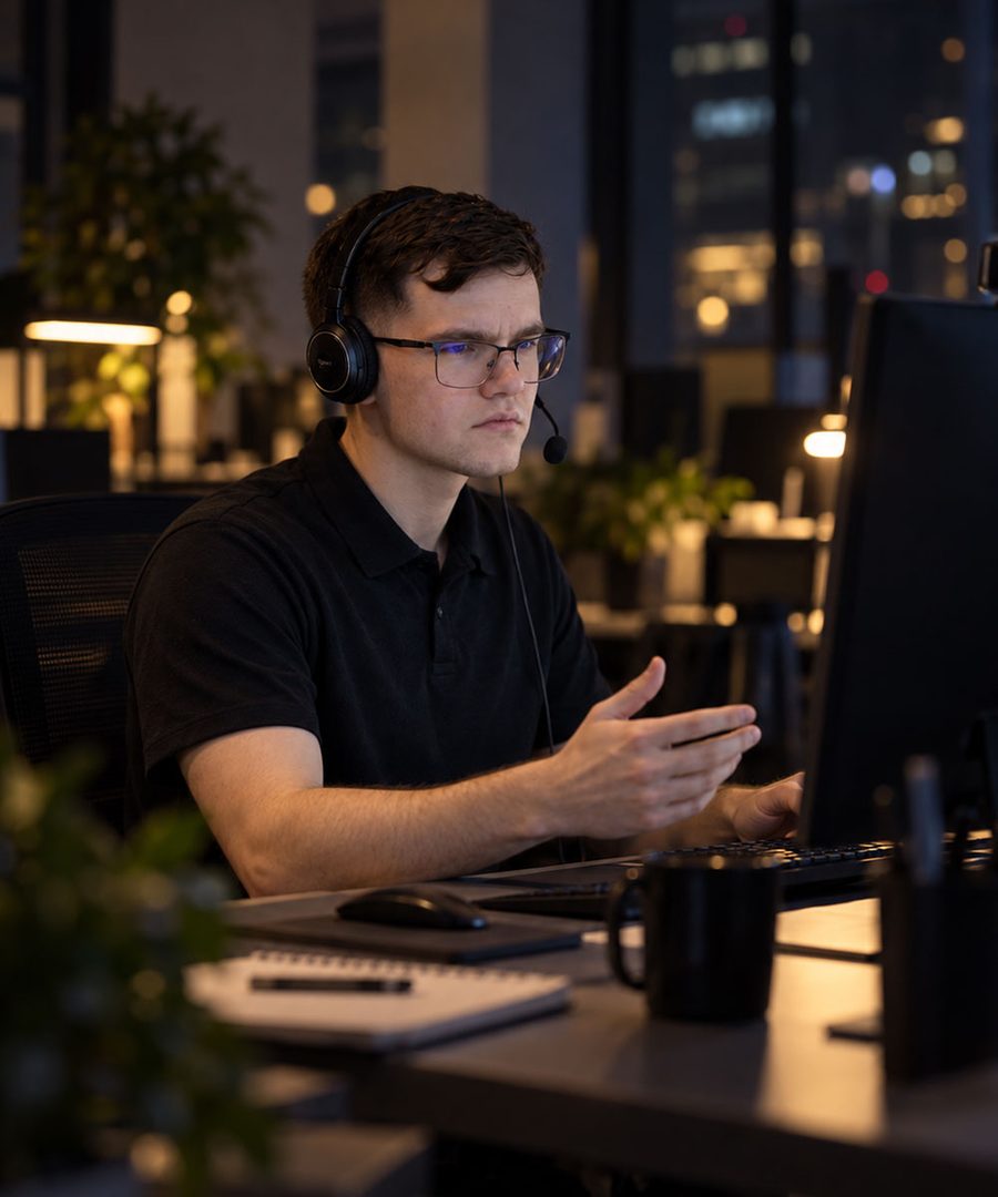 Analista de suporte com headset atendendo pelo computador