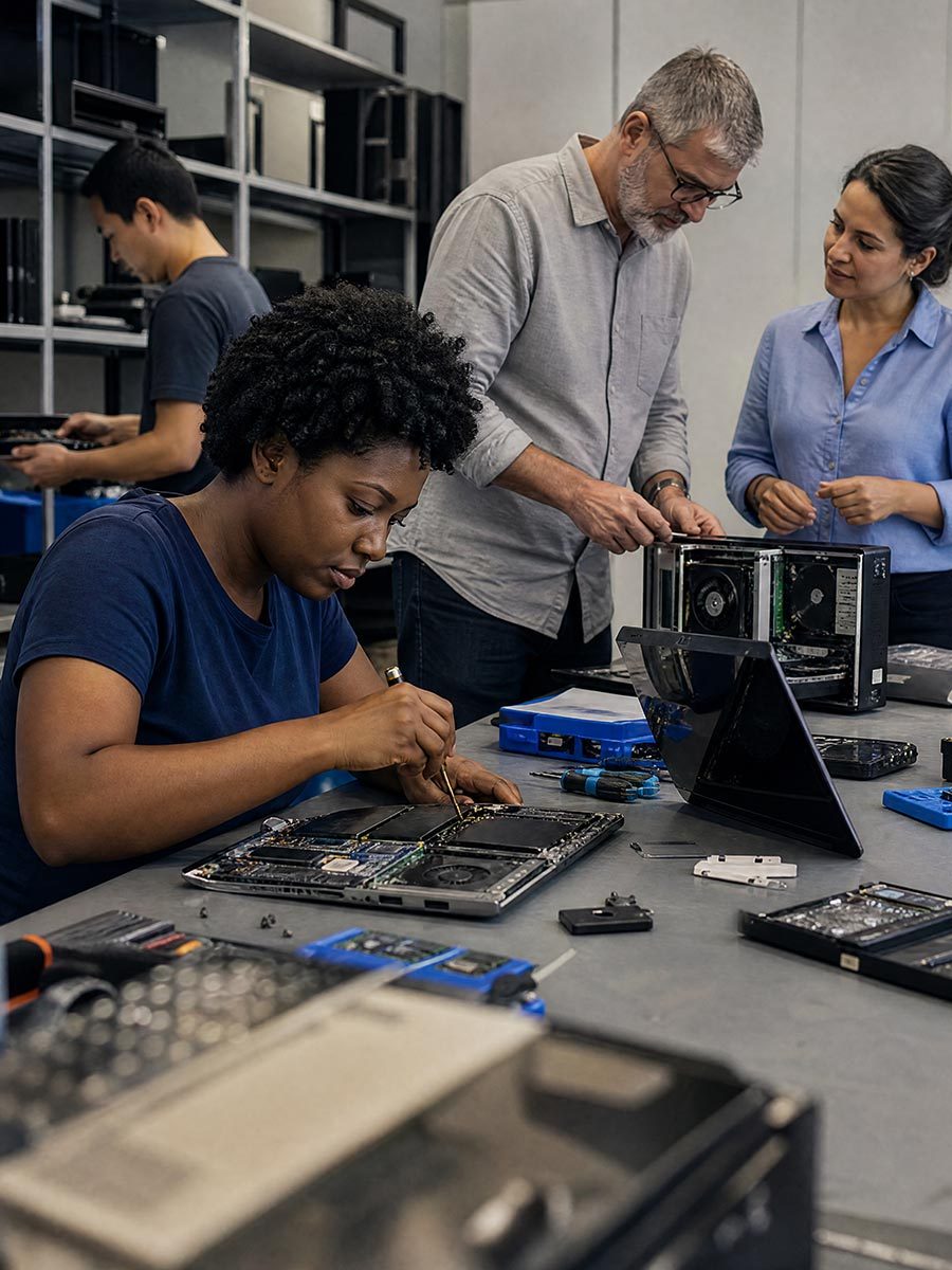 Equipe técnica fazendo manutenção em notebooks e computadores em uma bancada
