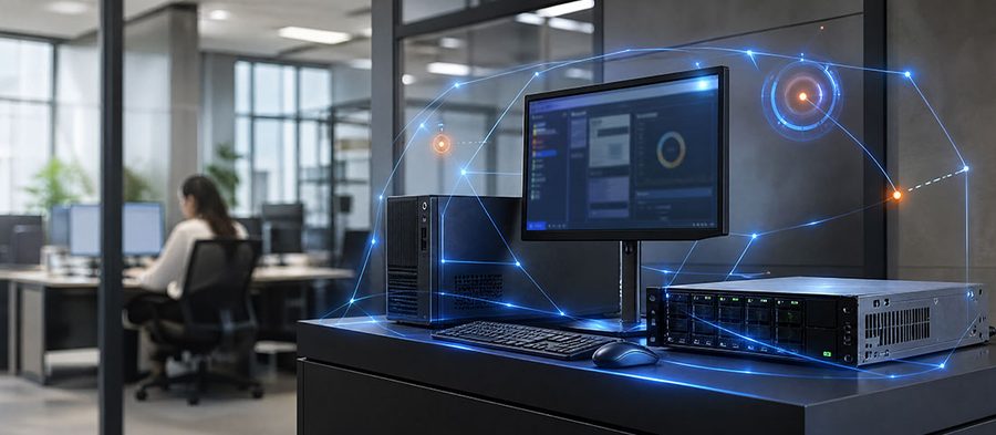 Computador e servidor protegidos em um escritório, com conexões de segurança destacadas