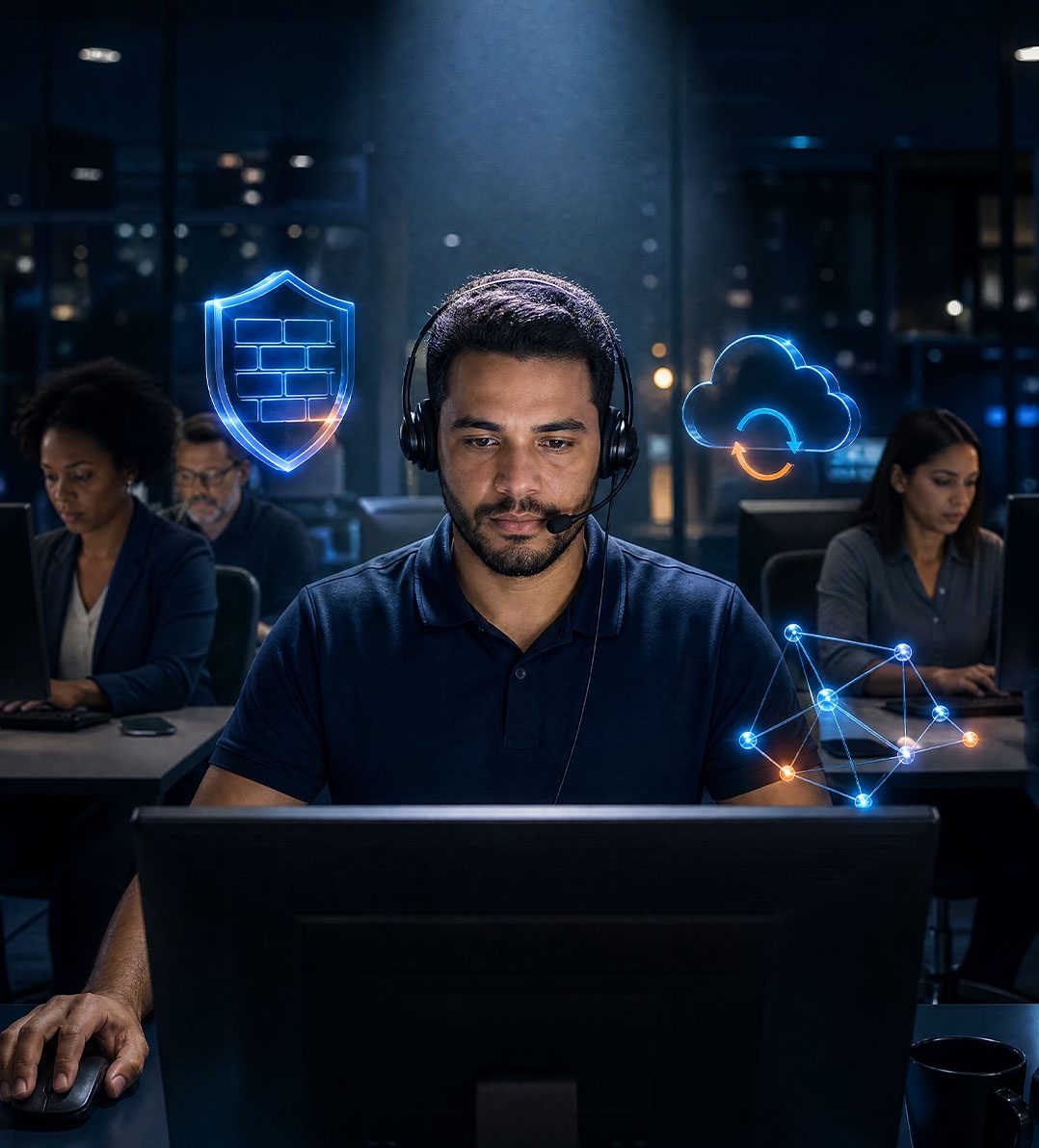 Profissional de segurança com headset monitorando sistemas em uma central de tecnologia