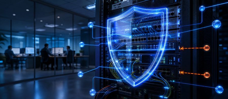 Escudo digital sobre a rede de um data center, representando a proteção por firewall