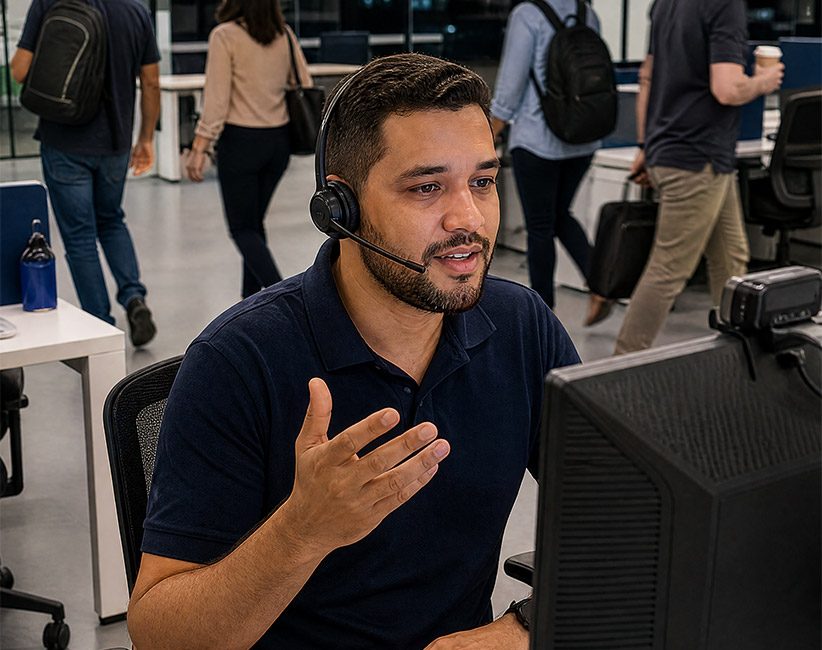 Especialista de suporte com headset conversando com um cliente em frente ao computador