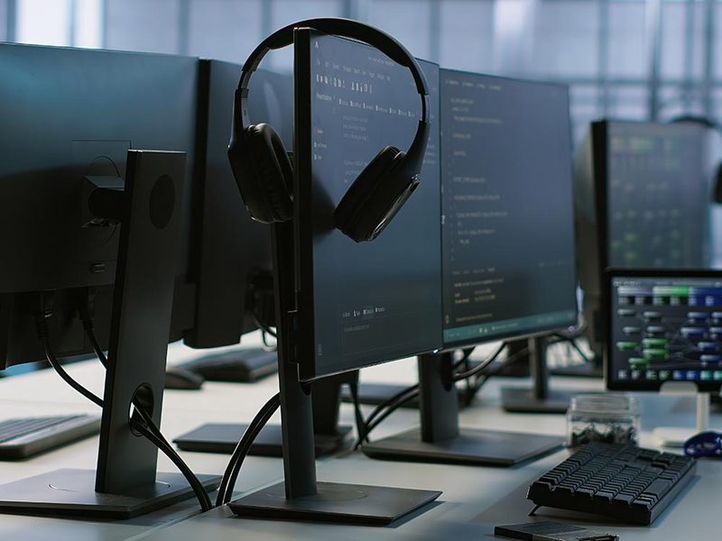 Estações de trabalho com monitores, teclados e headset